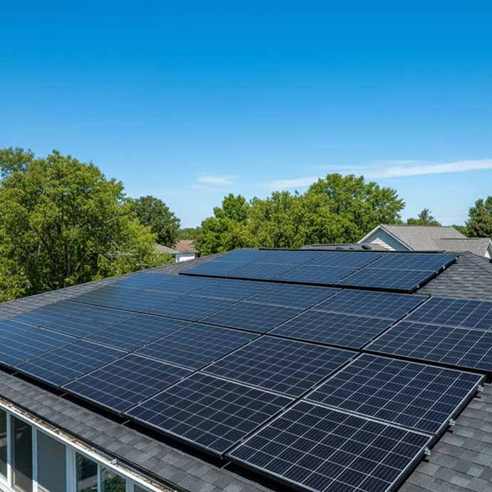 Blue-colored polycrystalline solar panels installed on a suburban rooftop