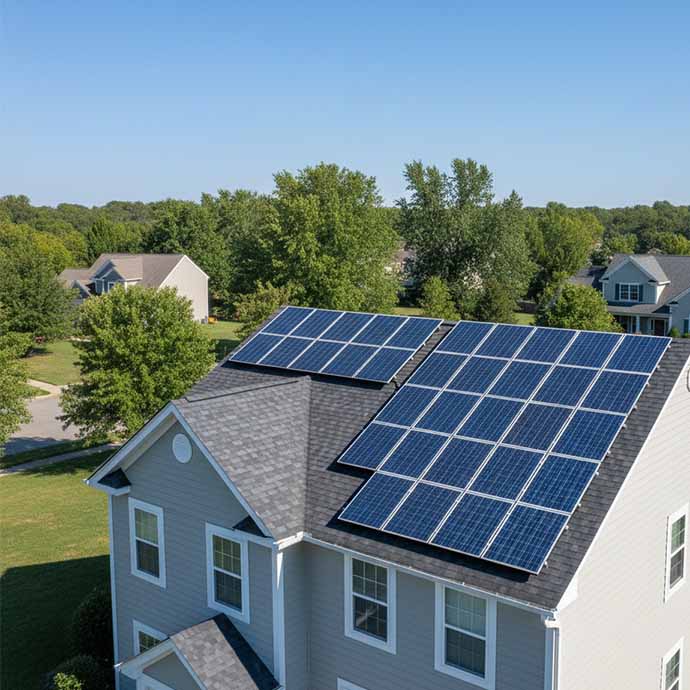 Blue-colored polycrystalline solar panels installed on a suburban rooftop.