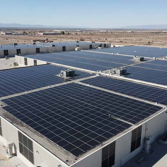 A flat industrial rooftop covered with thin-film solar sheets.