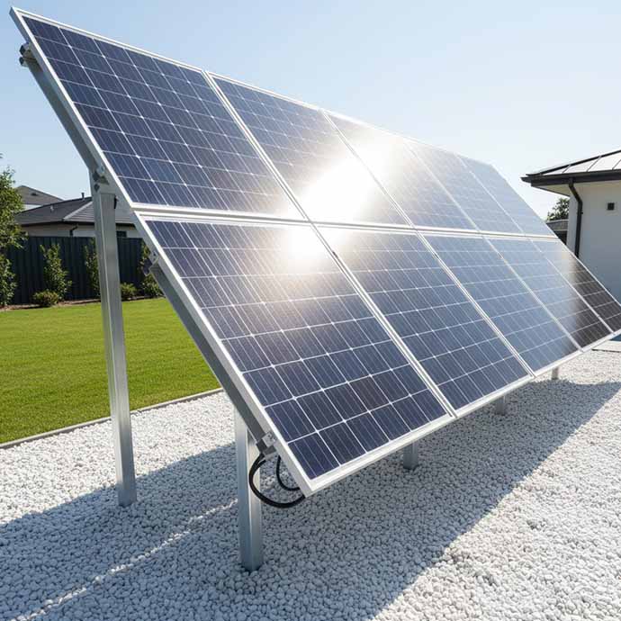 Bifacial solar panels elevated above white reflective surface in a backyard.