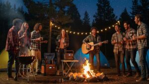Few friends camping with fire with portable power station.