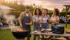 Four friends enjoy a BBQ party in the afternoon.