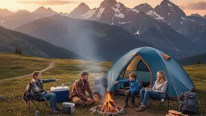 Image contain a family doing camping with ef ecoflow delta 2 on near hill.