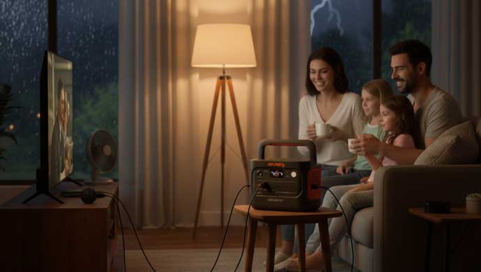 A family watches TV through a jackery in a house during a power outage.