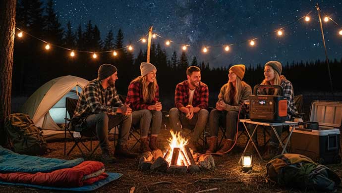 Friends are gossiping on camping with powerful power source Jackery explorer 1000 v2.