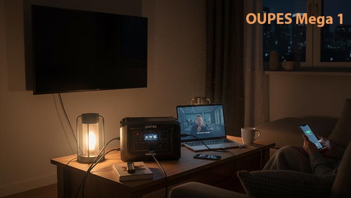 Oupes mega 1 portable power station charge on Laptop, Phone and Light on during the loadsheeding