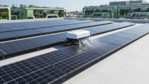 how to clean solar panels on roof automatically with a robotic cleaning system spraying water on rooftop solar panels under bright sunlight