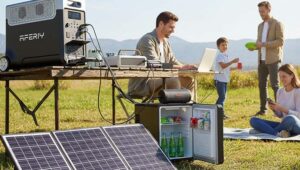 AFERIY 3840Wh Portable Solar Generator charged via solar panel in outdoor and kids are playing, parents are working.