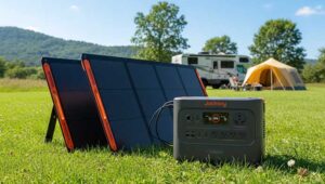 Jackery 3000 portable solar generator charging with solar panels beside an RV in a sunny outdoor setup