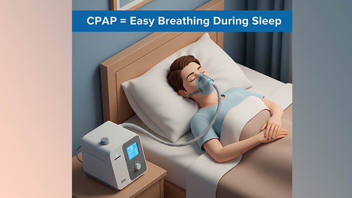 Person sleeping peacefully using a CPAP machine for easier breathing during sleep.