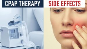 humbnail showing a CPAP machine and a person experiencing discomfort from CPAP side effects.