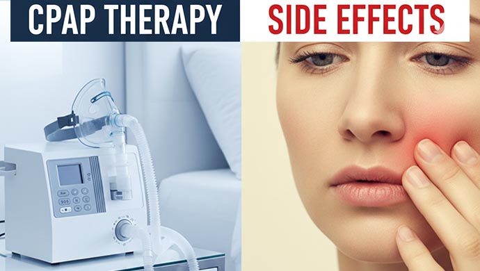 humbnail showing a CPAP machine and a person experiencing discomfort from CPAP side effects.