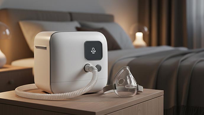 Modern CPAP machine on a bedside table with mask and tubing.
