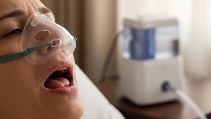 Person experiencing dry mouth while using a CPAP mask.
