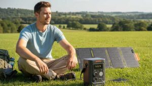 jackery 300d Portable Power Station with a traveler rest in open air with green grass field
