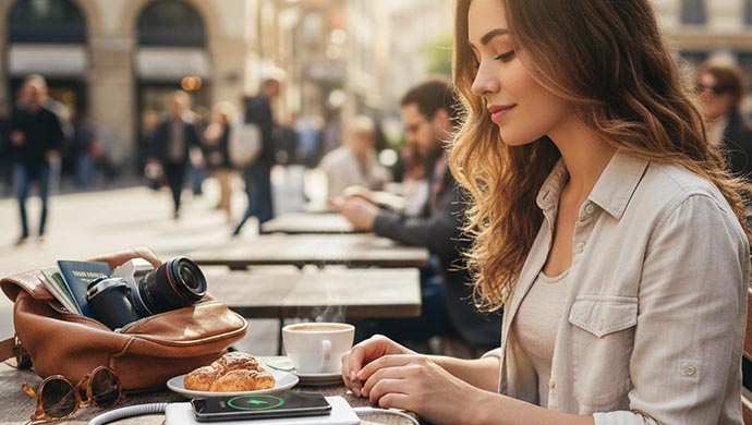 women charge her phone via power bank