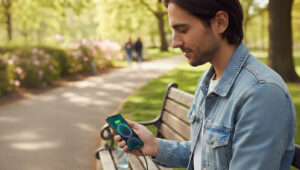 a man using portable power bank in a garden