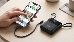 Aioneus 10000mAh power bank charging a phone.