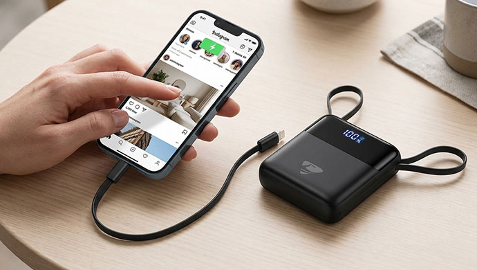 Aioneus 10000mAh power bank charging a phone.