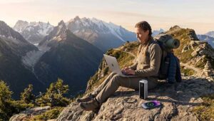 A women traveler usting anker prime power bank on the hill.