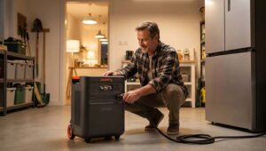 A man is connecting a refrigerator with a jackery. Jackery HomePower 3600 Plus Portable Power Station review