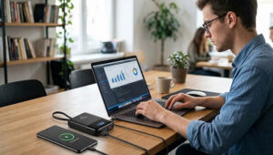 best power bank for android phone, someone using laptop and charging a phone with portable power bank