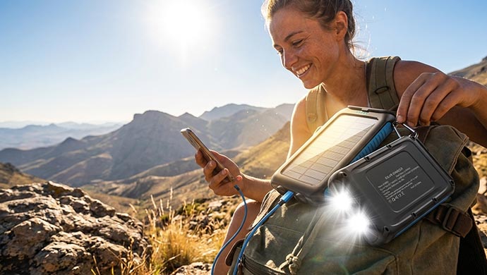 a traveler using kepswin 49800mah solar power bank, kepswin 49800mah solar power bank review