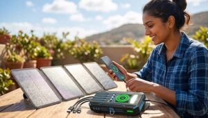 A girl charge a power bank via solar panel, SOARAISE Solar Charger Power Bank,