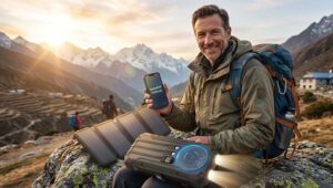 A traveler using saraupup 20000 solar power bank, Saraupup 20000mAh Solar Power Bank review,