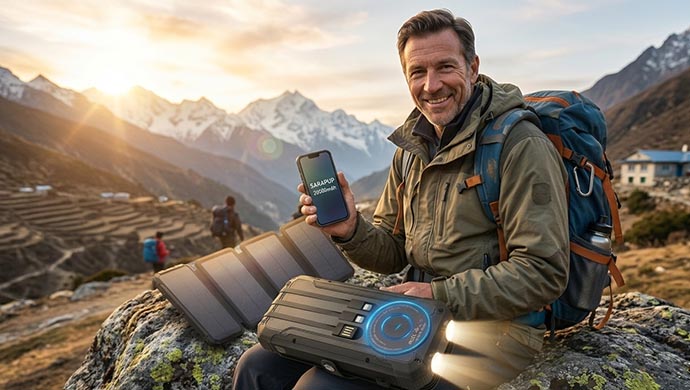 A traveler using saraupup 20000 solar power bank, Saraupup 20000mAh Solar Power Bank review,