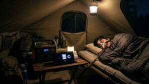 A modern CPAP machine connected to a portable power station beside a bed inside a camping tent