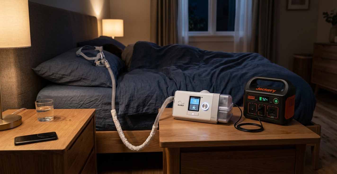 CPAP machine placed on a bedside table beside a sleeping bed
