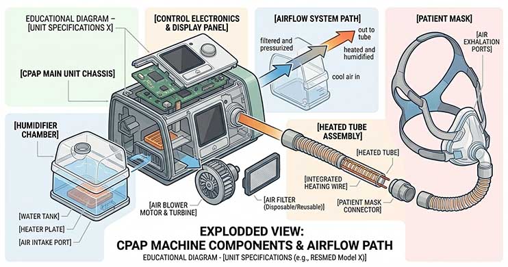 Exploded view illustration of a CPAP machine showing humidifier