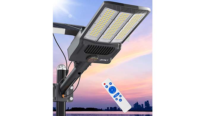 best solar lights that stay on all night, JAYNLT Y-12000W Solar Street Lights Outdoor,900000LM 6500K Bright Parking Lot Lights Commercial,Split Flood Lights Solar Powered,IP67 Waterproof Solar Security Lamps for Parking Lot,Stadium - poweraic