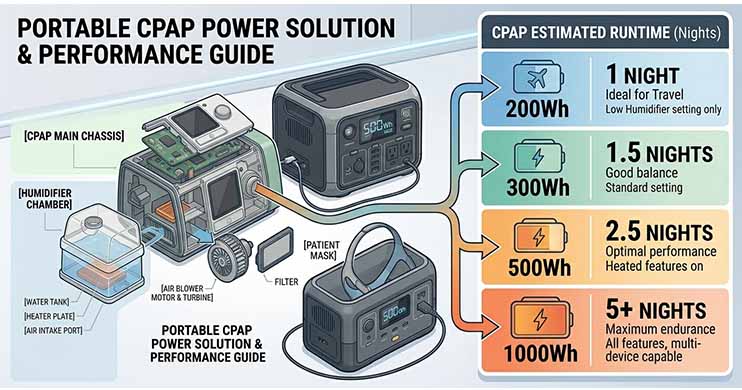 Portable power station beside CPAP machine with visual runtime chart showing 200Wh