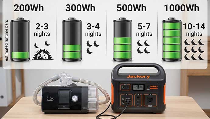 Portable power station next to CPAP machine displaying estimated runtime bars: 200Wh, 300Wh, 500Wh, 1000Wh, realistic infographic
