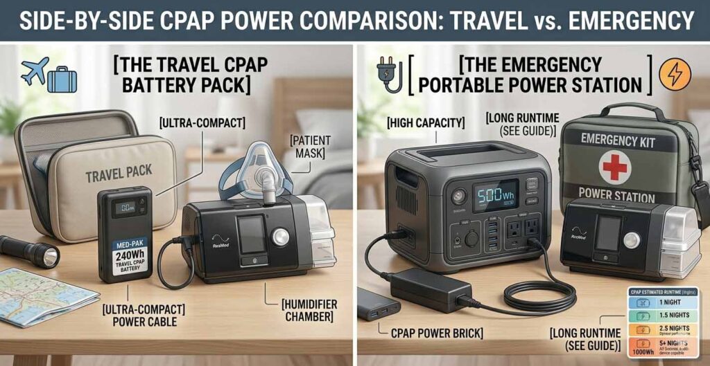 Side-by-side comparison of CPAP battery pack and portable power station connected to CPAP machine