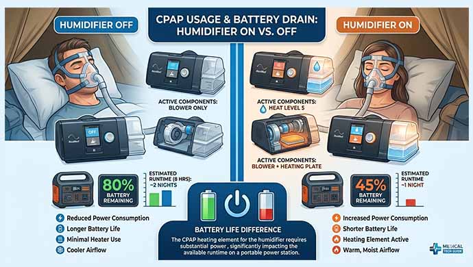 Split-screen comparison of CPAP machine with humidifier OFF versus humidifier ON showing battery drain difference